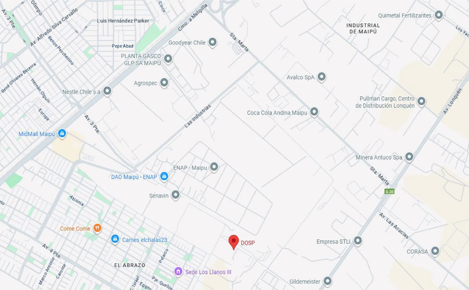 Mapa de ubicación de DOSP en Av. Tres Poniente 37-A, Maipú, Santiago